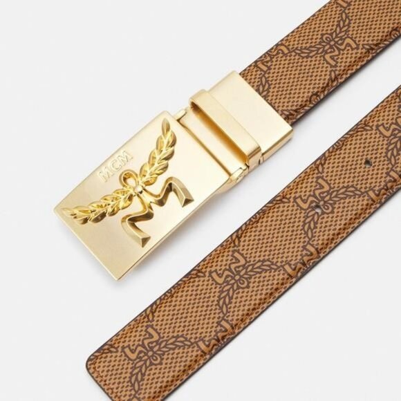 New Authentic MCM Garland Plaque Buckle Print Belt in 24K Gold Plating - Picture 6 of 12